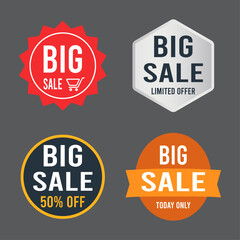 Collection of four distinct big sale badges and labels featuring bold typography and graphic elements for promotions