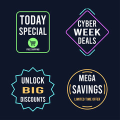 Collection of four glowing neon sale signs advertising special offers and discounts for online shopping events