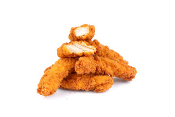 Fried chicken breast strips on white background. Isolated chicken crisps