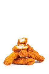 Fried chicken breast strips on white background. Isolated chicken crisps