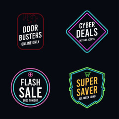 Collection of four glowing neon sale badges for online shopping promotions including door busters cyber deals flash sale and super saver