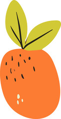colorful illustration of an orange fruit with two large green leaves and small black seed-like dots on its surface.