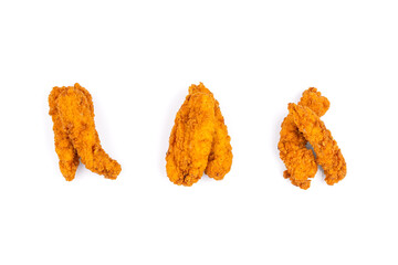 Fried chicken breast strips on white background. Isolated chicken crisps