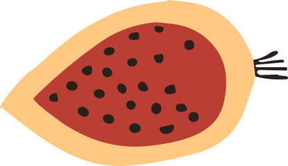 The image shows a stylized illustration of a halved fig fruit with a beige outer skin, red interior, and scattered black seeds.