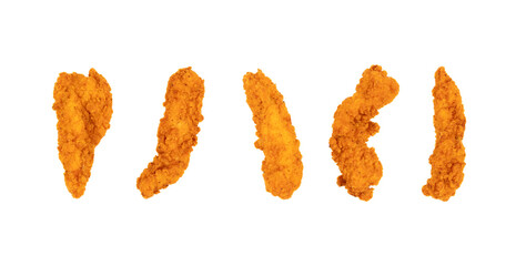 Fried chicken breast strips on white background. Isolated chicken crisps
