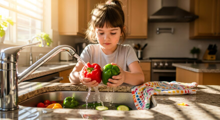 A diligent young girl washes vibrant bell peppers in a bright kitchen, actively engaging in Quick Healthy Meal Prep, fostering early nutrition habits for wholesome family meals