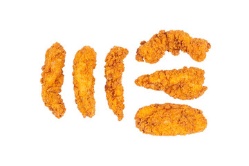Fried chicken breast strips on white background. Isolated chicken crisps