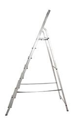 isolated silver aluminum step ladder is displayed against a bright white background, with the view of a side.