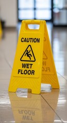 Caution Wet Floor Sign on Polished Floor.