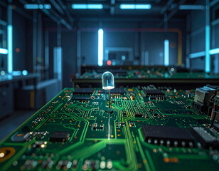 A static shot of a complex circuit board, with microscopic wires and resistors, a single tiny LED blinking rhythmically