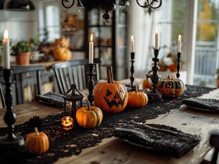 halloween home dining with black candleholders burning white candles and carved jack o lanterns on black lace runner