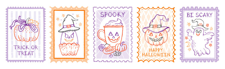 Halloween stamp. Vintage Halloween pumpkin postcard illustration. Vector autumn stamp pattern. Fall pumpkin, bow, ghost skull frame poster. Cute postcard design background. Vintage cozy autumn food bg