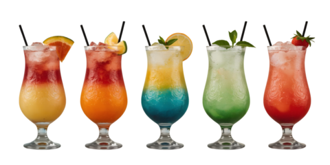 Tropical Cocktails: a collection of refreshing and vibrant cocktails, garnished with fruits, embodying the essence of vacation and the thrill of exotic flavors.