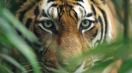 Fototapeta premium A close-up of a tiger's face through a lush bush