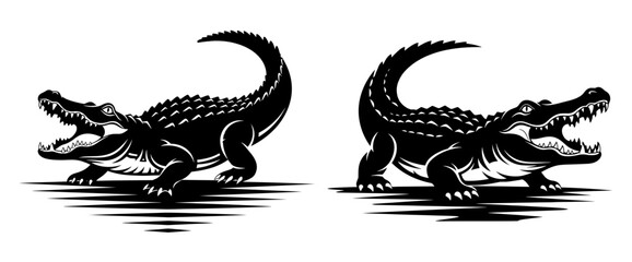 Vector art of two alligator icons with open mouth, one facing each other