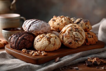 Fototapeta premium Homemade cookies arranged on a wooden platter alongside chocolate sauce and a rustic mug in a cozy kitchen setting