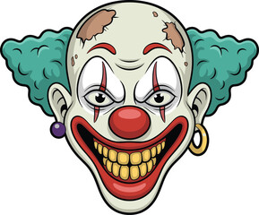 Creepy cartoon clown face, horror character, bald head, teal hair, red nose, scary grin, vector icon, stylized makeup, eerie design