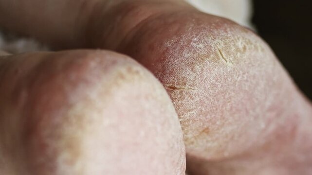 A deep cracked heel with roughened skin on the foot. &nbsp;Dry heels on problem skin, lack of pedicure and care and  fungal infections.