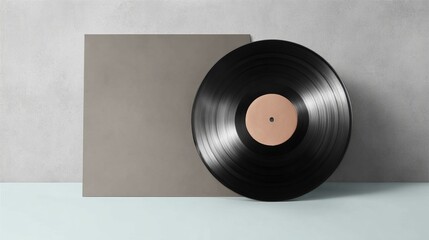 Obraz premium Vinyl Record Mockup Black Disc and Taupe Cover on Concrete, Music Album Design, Record Cover Template Vinyl, Mockup