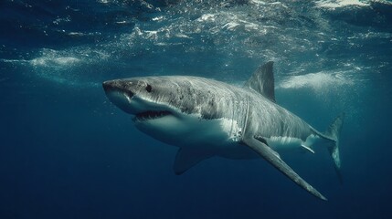 Fototapeta premium Great white shark swimming, mouth open, head above water surface