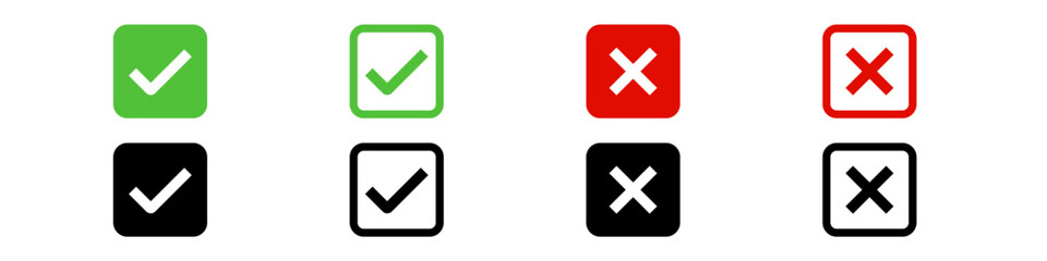 check mark icon button set. check box icon with right and wrong buttons and yes or no checkmark icons in green tick box and red cross. vector illustration