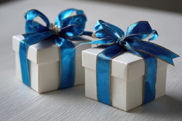 Obraz premium Elegant luxury gift boxes with blue bows presented on a textured surface, ideal for special occasions and celebrations, showcasing a touch of sophistication and style