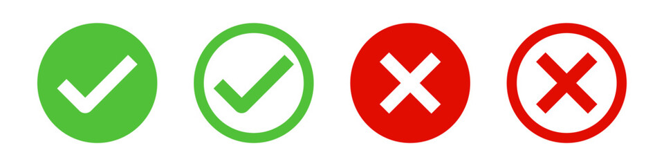 check mark icon button set. check box icon with right and wrong buttons and yes or no checkmark icons in green tick box and red cross. vector illustration