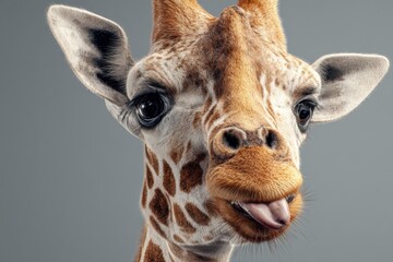 Fototapeta premium Funny giraffe playfully sticking out its tongue in a closeup view against a neutral background