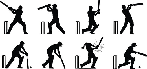 Cricket silhouettes, batting poses, fielding action, stumps, sports vector, black silhouettes, cricket icons, dynamic movement