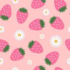 Pink Strawberry and White Daisy on Pink Background