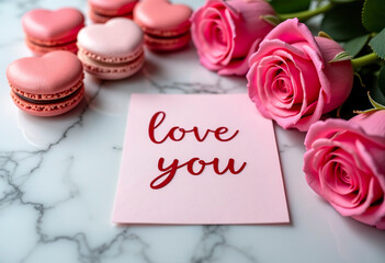 A elegant Valentine's Day setup: heart-shaped macarons, pink roses, and a love letter on a marble surface. Soft pink and red tones.