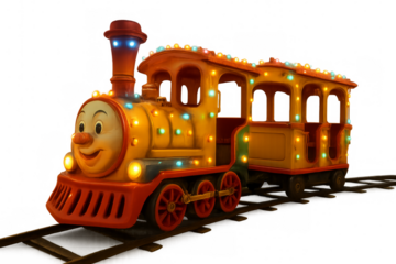 Colorful toy train with glowing lights on tracks