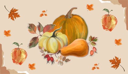 Premium Autumn Harvest Illustration with Pumpkins Apples and Autumn Leaves Vector. Seasonal fall illustration with pumpkins, apples, and autumn leaves. Thanksgiving, Greeting Card, Autumn Banner