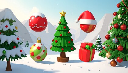 Festive 3D Christmas scene with snow, trees, ornaments, and a gift