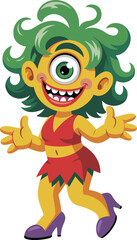 Cyclops cartoon, green hair, yellow skin, red outfit, purple heels, fantasy character, playful pose, mythical design, vector art, comic style