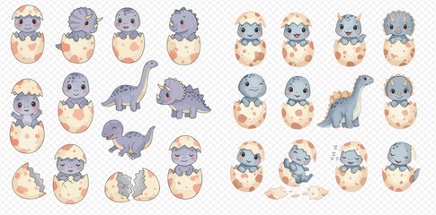 Collection of cute baby dinosaurs hatching from eggs, with various dinosaur types depicted.
