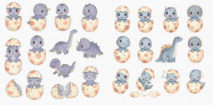 Collection of cute baby dinosaurs hatching from eggs, with various dinosaur types depicted.