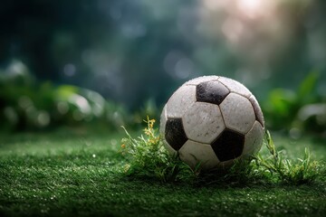 Soccer ball resting on lush green grass with sunlight filtering through the trees during a calm afternoon on a tranquil field