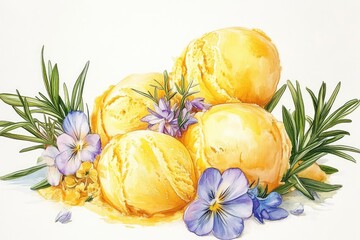 Mango Ice Cream with Rosemary Watercolor Drawing Free Space