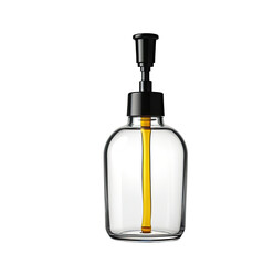 Fototapeta premium Glass pump bottle, dispenser, amber tube, studio shot, black background, product packaging