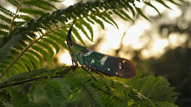 A Detailed Look at a Planthopper on Fern. footage video profesional