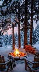 Winter campfire scene with snow covered trees and chairs creating a cozy atmosphere