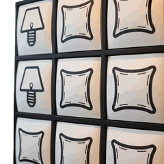A grid of stylized icons featuring a lamp and empty squares on a textured background light bulb