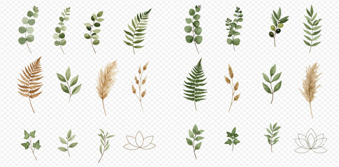 Watercolor illustration featuring an assortment of botanical elements including leaves, ferns, branches, pampas grass, and a lotus flower.