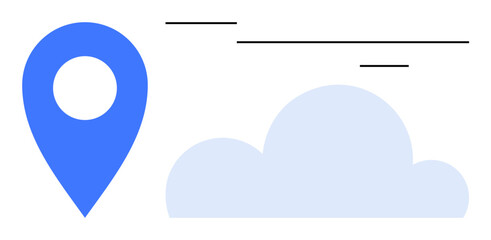 Blue location pin next to a light blue cloud with minimalist lines. Ideal for navigation, cloud computing, geolocation, travel, weather, data storage, digital connection. Simple flat metaphor