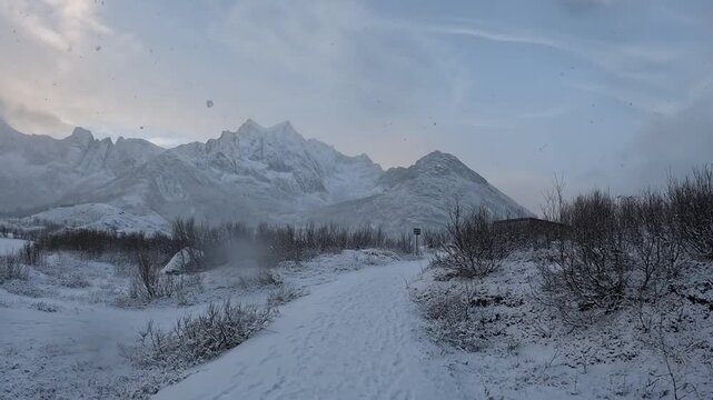 Schneefall in Senjahopen auf der Insel Senja in den Vesteralen in Norwegen