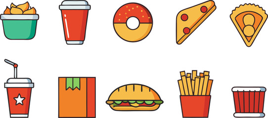 Collection of flat fast food icons representing popular items like burgers fries pizza and drinks for quick service restaurants