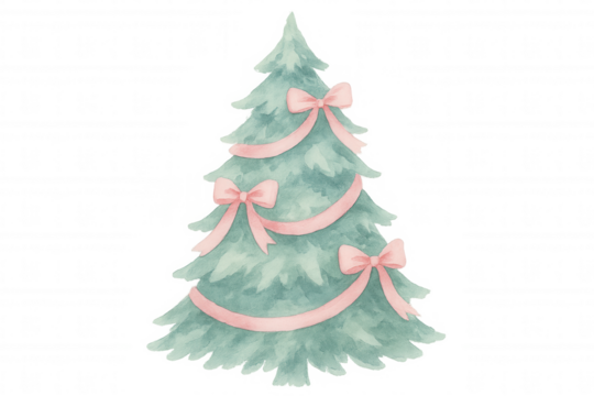 Watercolor christmas tree decorated with pink bows and ribbon, festive holiday season illustration