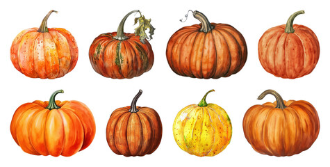 PNG Variety of hand-drawn pumpkins, element set on transparent background