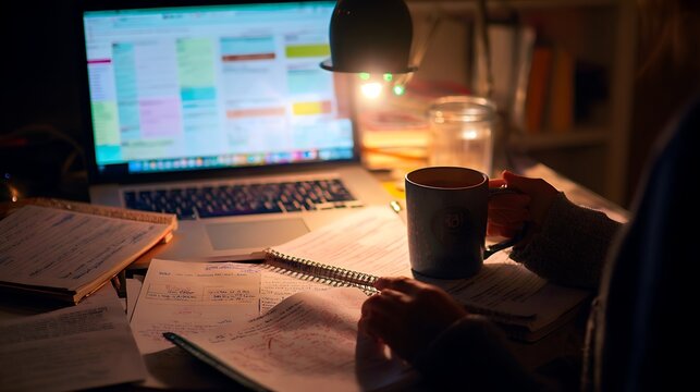 Student holding mug while studying late with laptop. Notes, books and planner cover desk. Night revision and academic preparation